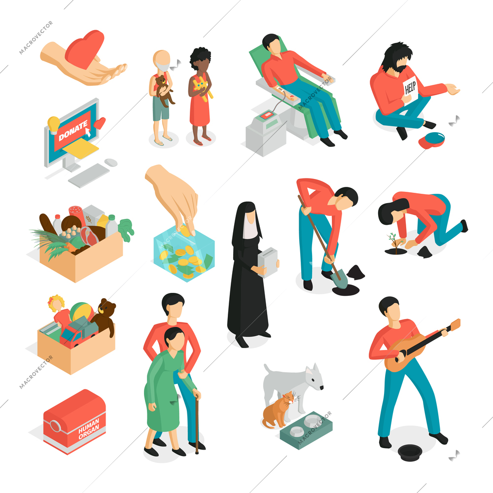 Isometric charity donation volunteers set of isolated images human characters and pictogram icons on blank background vector illustration