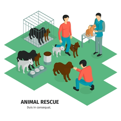 Isometric charity composition with human characters of people guardians and domestic animals pets with editable text vector illustration