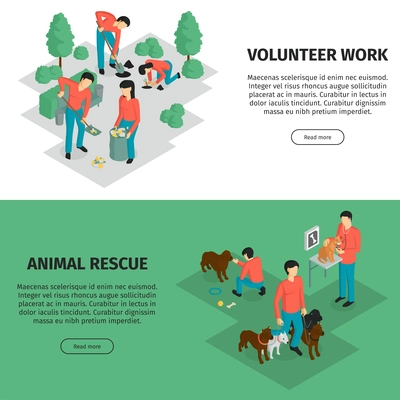 Set of two isometric charity horizontal banners with editable text read more button and human characters vector illustration