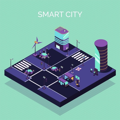 Isometric smart city composition with view of futuristic street with modern buildings and electric cars vehicles vector illustration
