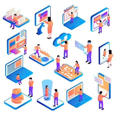 Set of isolated isometric people interfaces with icons of computer equipment and pictograms with human characters vector illustration