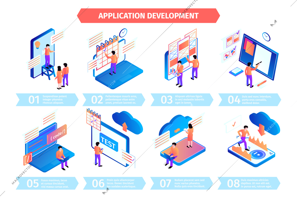 Isometric people interfaces infographics composition with conceptual images of people devices and pictogram icons with text vector illustration