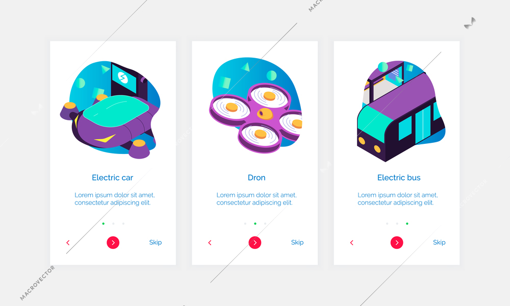 Set of three isometric smart city banners with text buttons and doodle images of electric transport vector illustration