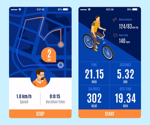 Two variants of bicycle ride mobile app design with start stop buttons and duration time distance calories speed parameters isometric vector illustration