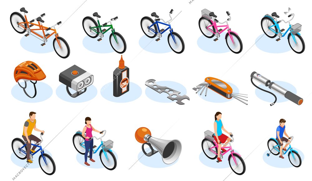 Bicycle isometric icons set with tools accessories and different types of bicycles vector illustration