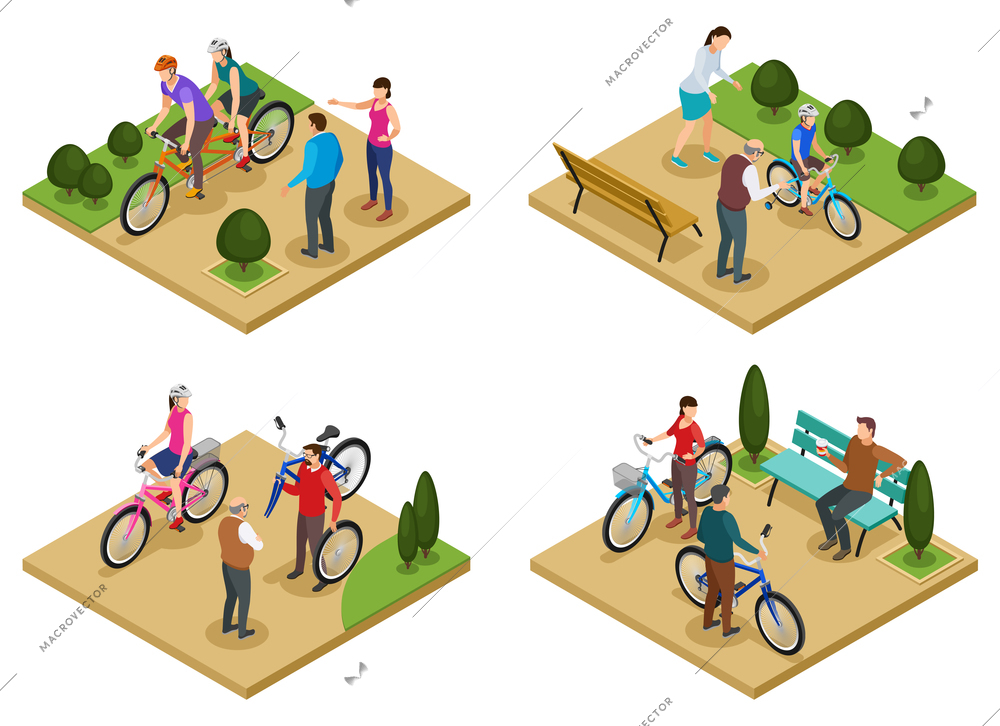 Summer vacation 2x2 design concept set of isometric compositions with people riding bicycles in city park vector illustration