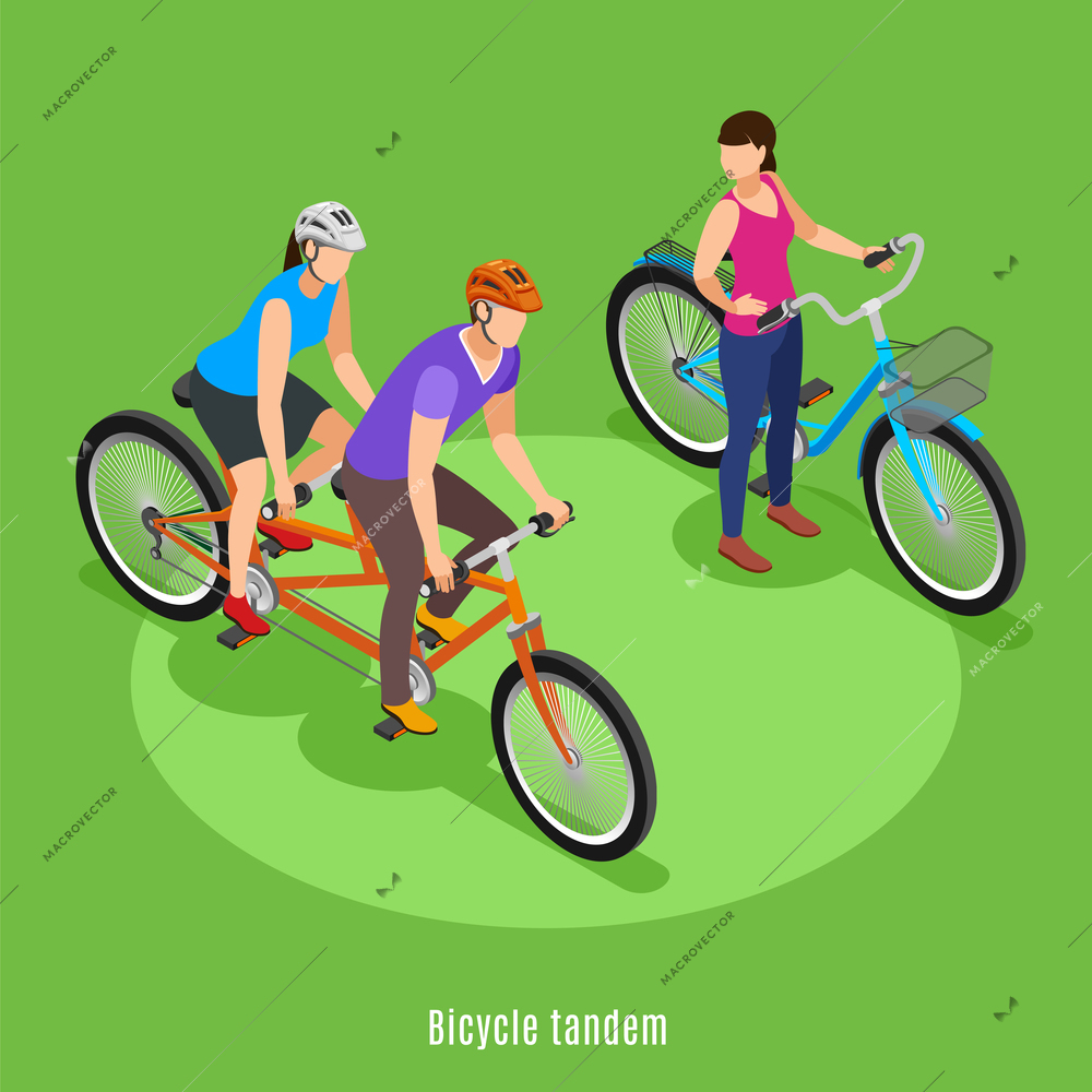 Summer family vacation isometric background with father and daughter riding on tandem bicycle vector illustration