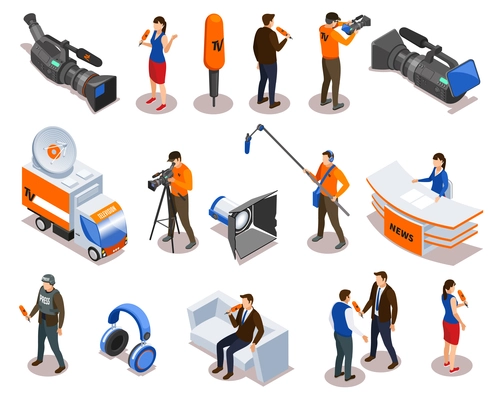 Broadcasting isometric icons set with newsman commentator reporter and people participating in talk show and interview vector illustration