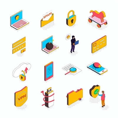 Isometric cyber security collection of sixteen isolated icons with conceptual computer pictograms smart devices and people vector illustration