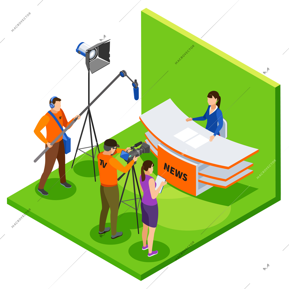 TV studio Live news in  isometric background with shooting crew editor and announcer talking about latest events vector illustration