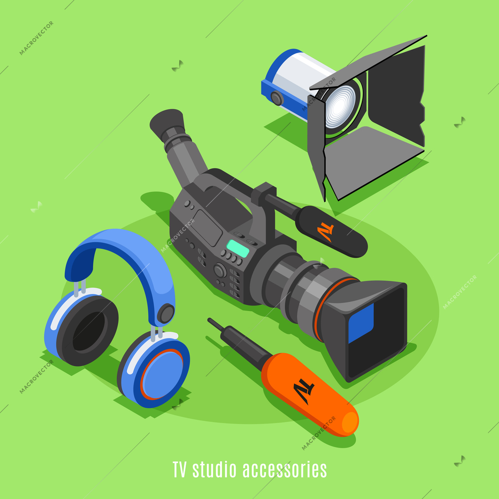 TV studio accessories isometric background with professional camera headphones microphone lighting device icons vector illustration