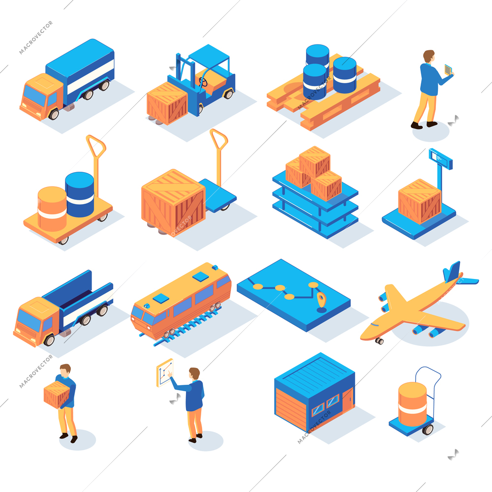 Set of isometric logistics delivery icons with people and images of transportation vehicles and stock parcels vector illustration