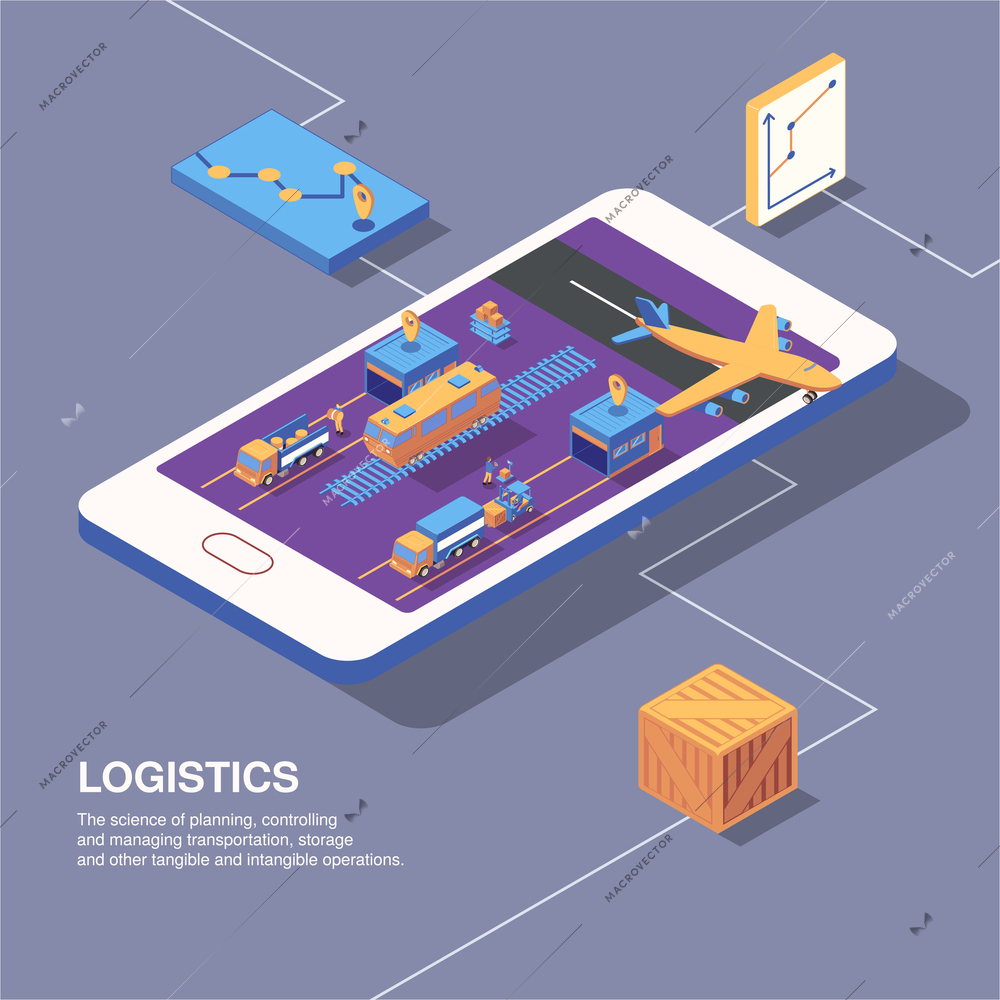 Isometric logistics delivery composition with smartphone image graphs icons of transport and parcel boxes with text vector illustration