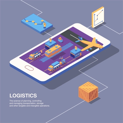 Isometric logistics delivery composition with smartphone image graphs icons of transport and parcel boxes with text vector illustration