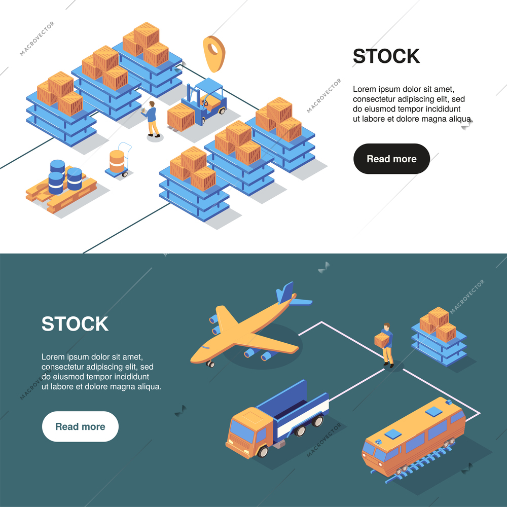 Isometric logistics banners set with text more button and storage facilities with different kinds of transport vector illustration