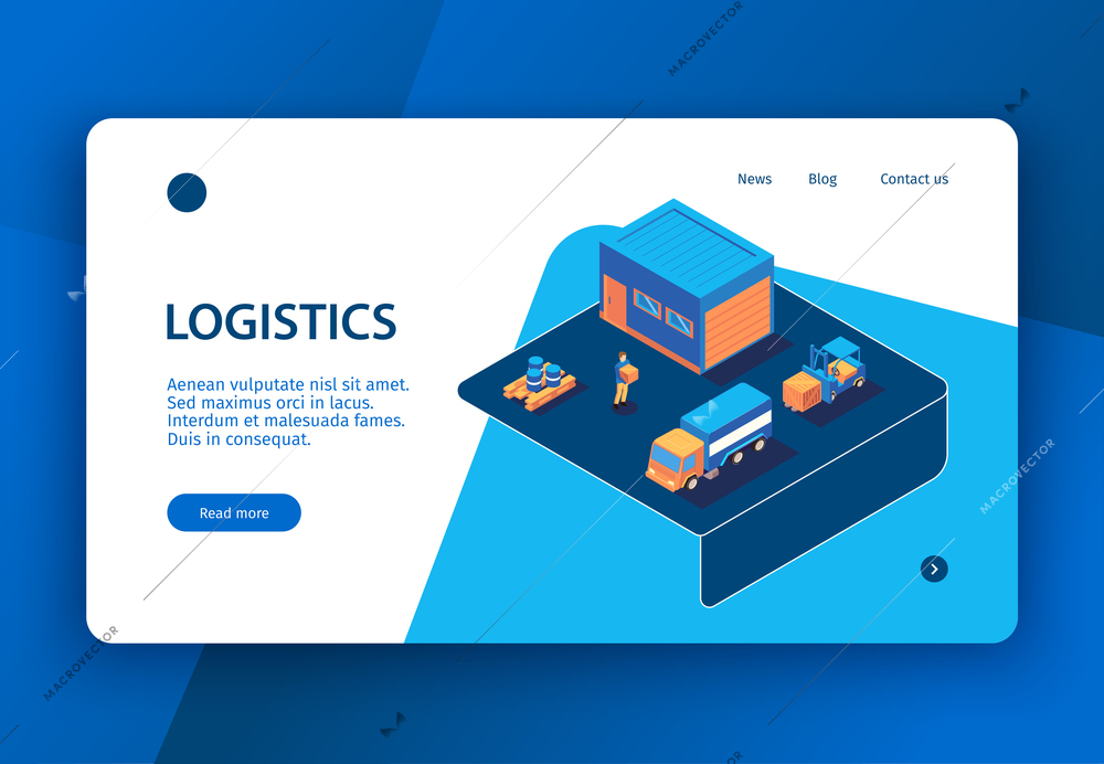 Isometric logistics concept banner landing page with clickable links text and images of delivery infrastructure elements vector illustration