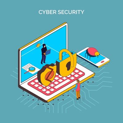 Isometric cyber security composition with conceptual icons of laptop computer broken locks smartphone and bug images vector illustration