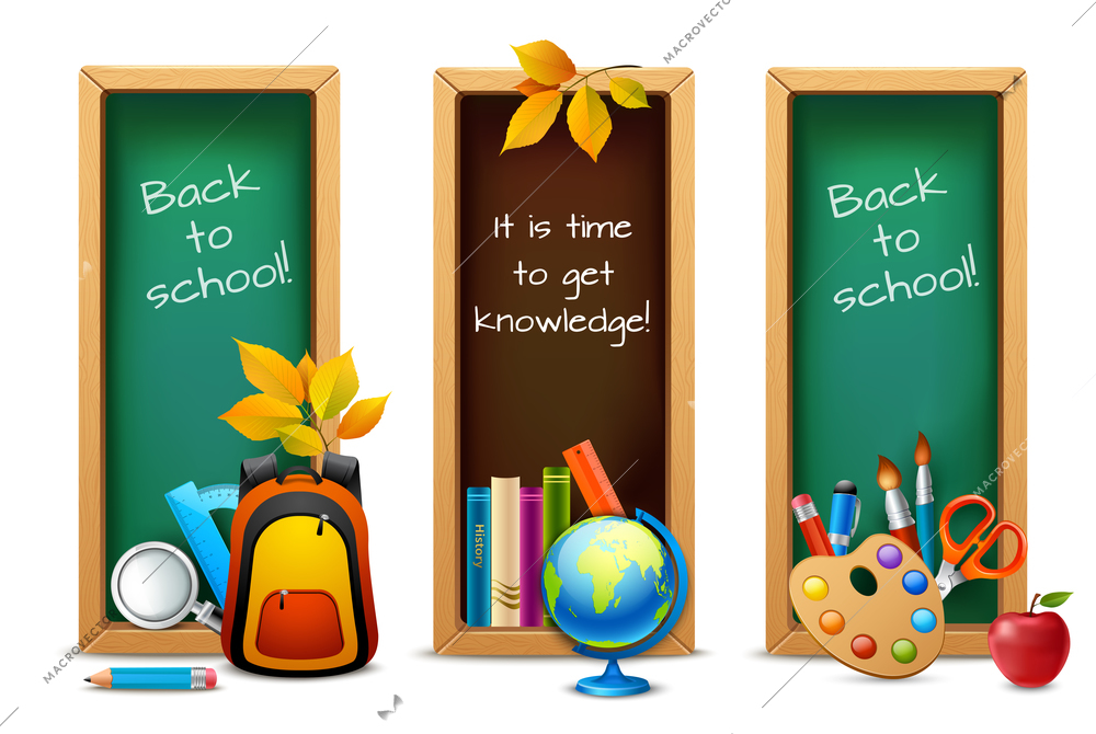 Chalkboard back to school education knowledge time banners set isolated vector illustration