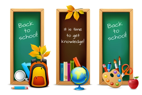 Chalkboard back to school education knowledge time banners set isolated vector illustration