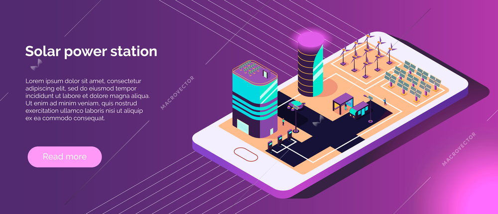 Isometric smart city horizontal banner with text and images of alternative power sources on smartphone screen vector illustration