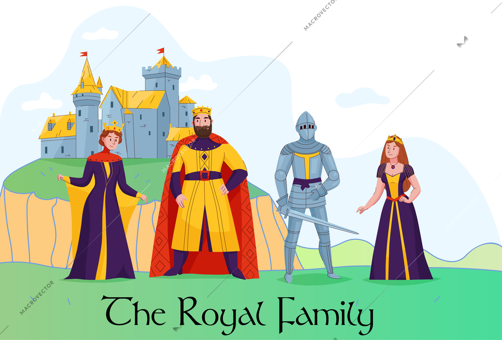 Medieval kingdom royal family standing in front of castle flat composition with king queen knight princess vector illustration