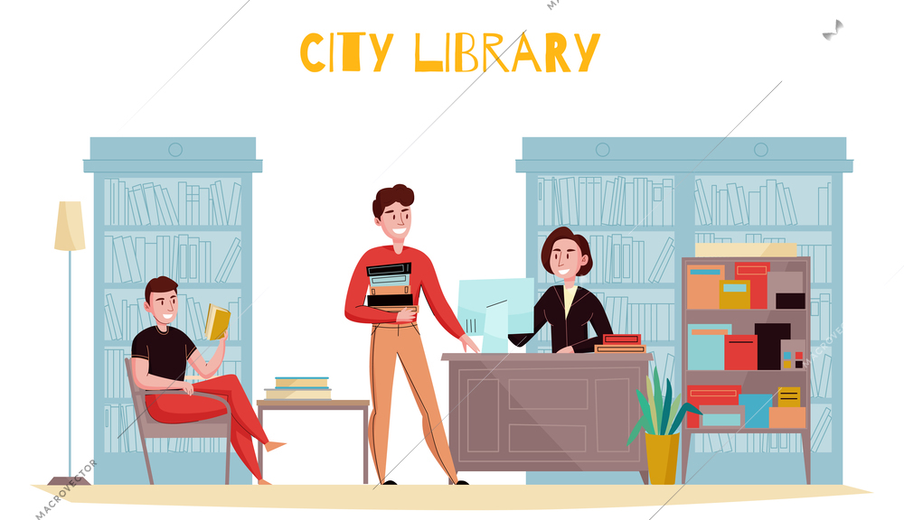 Traditional style library interior flat composition with customers reading books consulting librarian against bookshelves background vector illustration