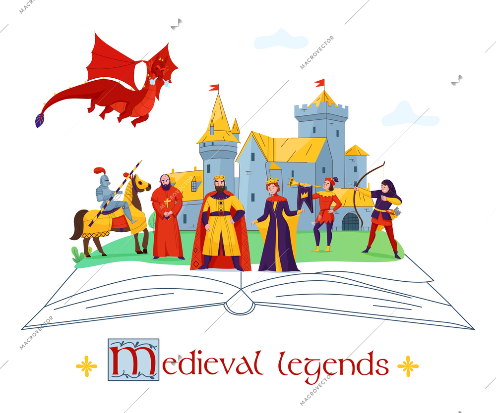 Medieval legends stories tales concept flat colorful composition with castle  kingdom characters on open book vector illustration