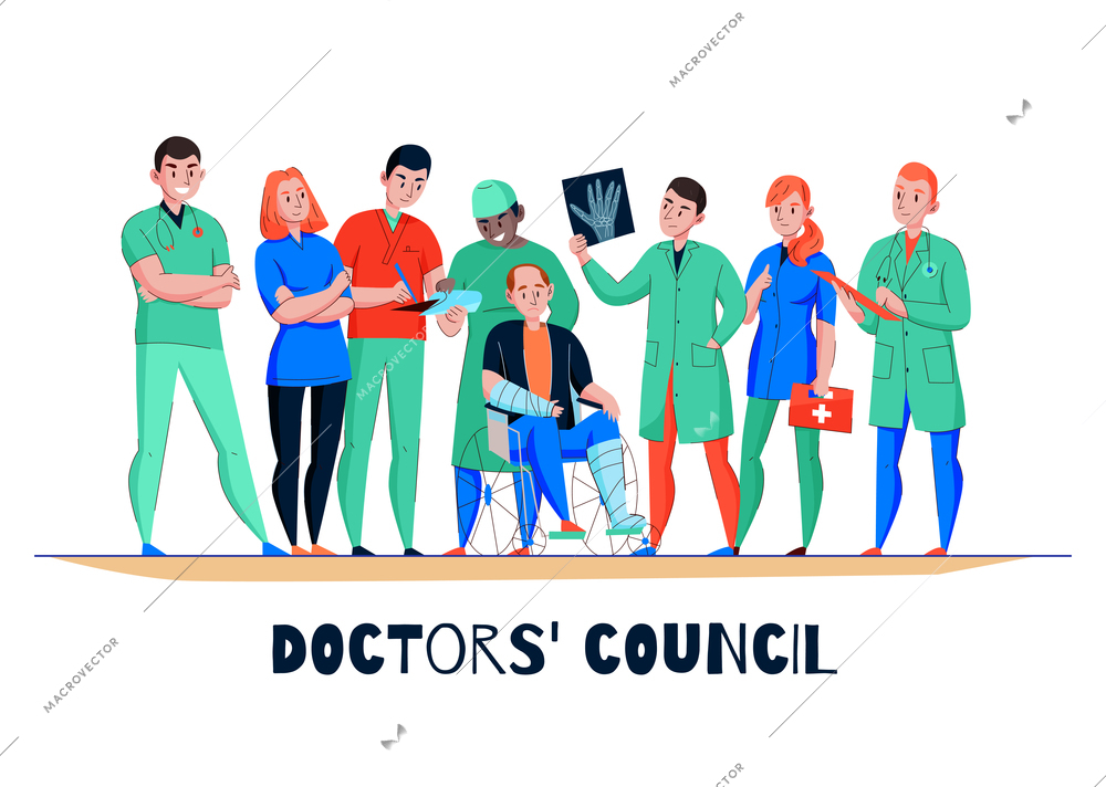 Hospital consultation flat horizontal banner with wheelchair bound patient doctor medical team analyzing xray image vector illustration