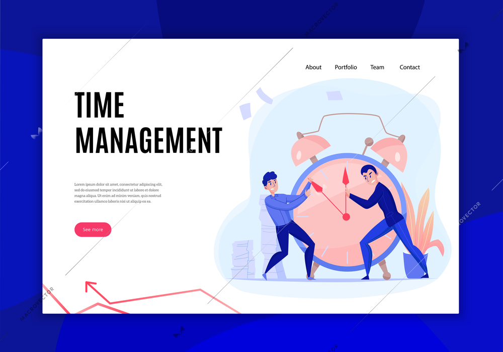 Time management deadline concept flat website banner with colleagues struggling with alarm clock hands symbol vector illustration