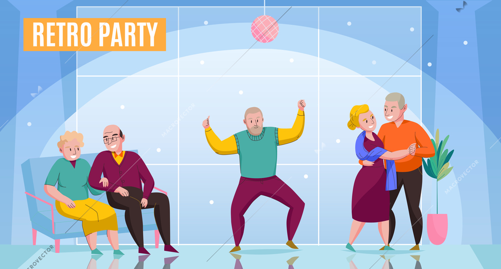 Nursery home elderly couples single residents enjoying retro party dancing dating communication occasion flat poster vector illustration
