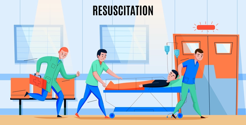 Ambulance paramedics crew rushing injured patient to hospital emergency department   resuscitation area flat composition vector illustration