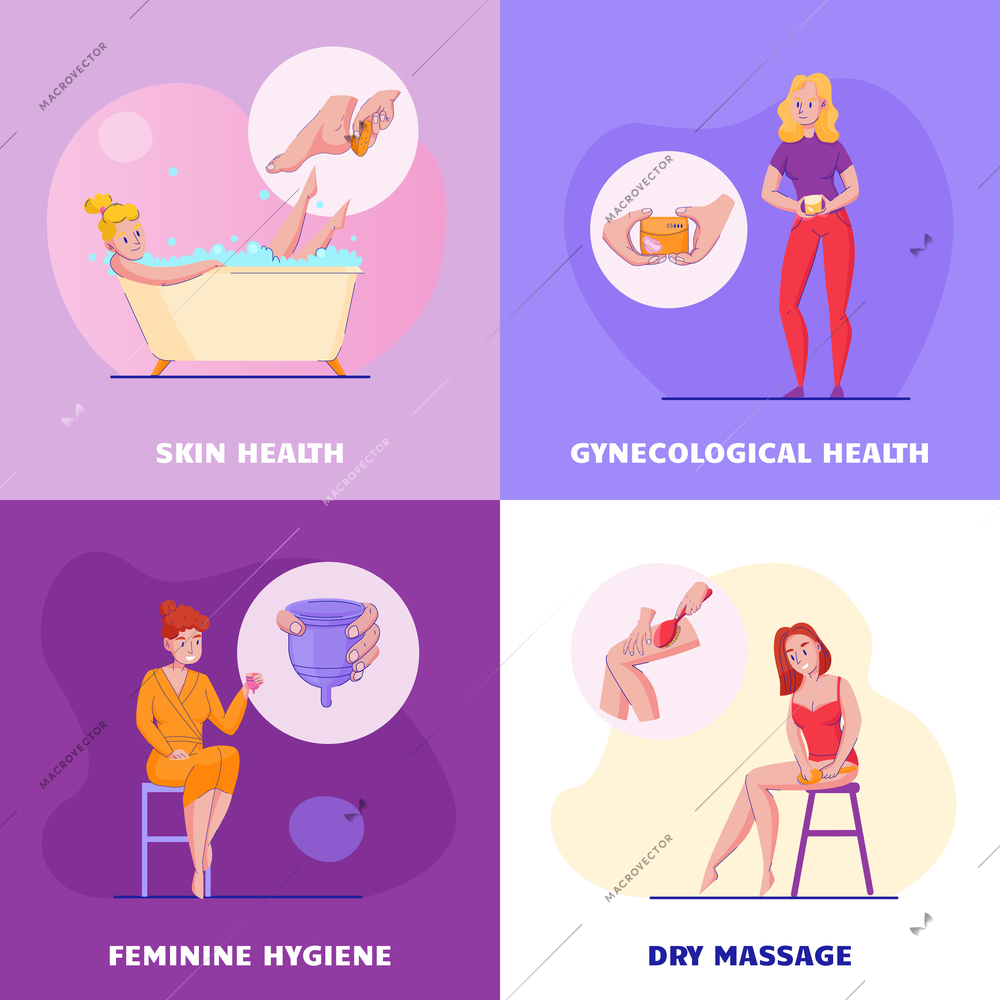 Feminine hygiene concept 4 flat compositions set with skin care massage vaginal health gynecological products vector illustration