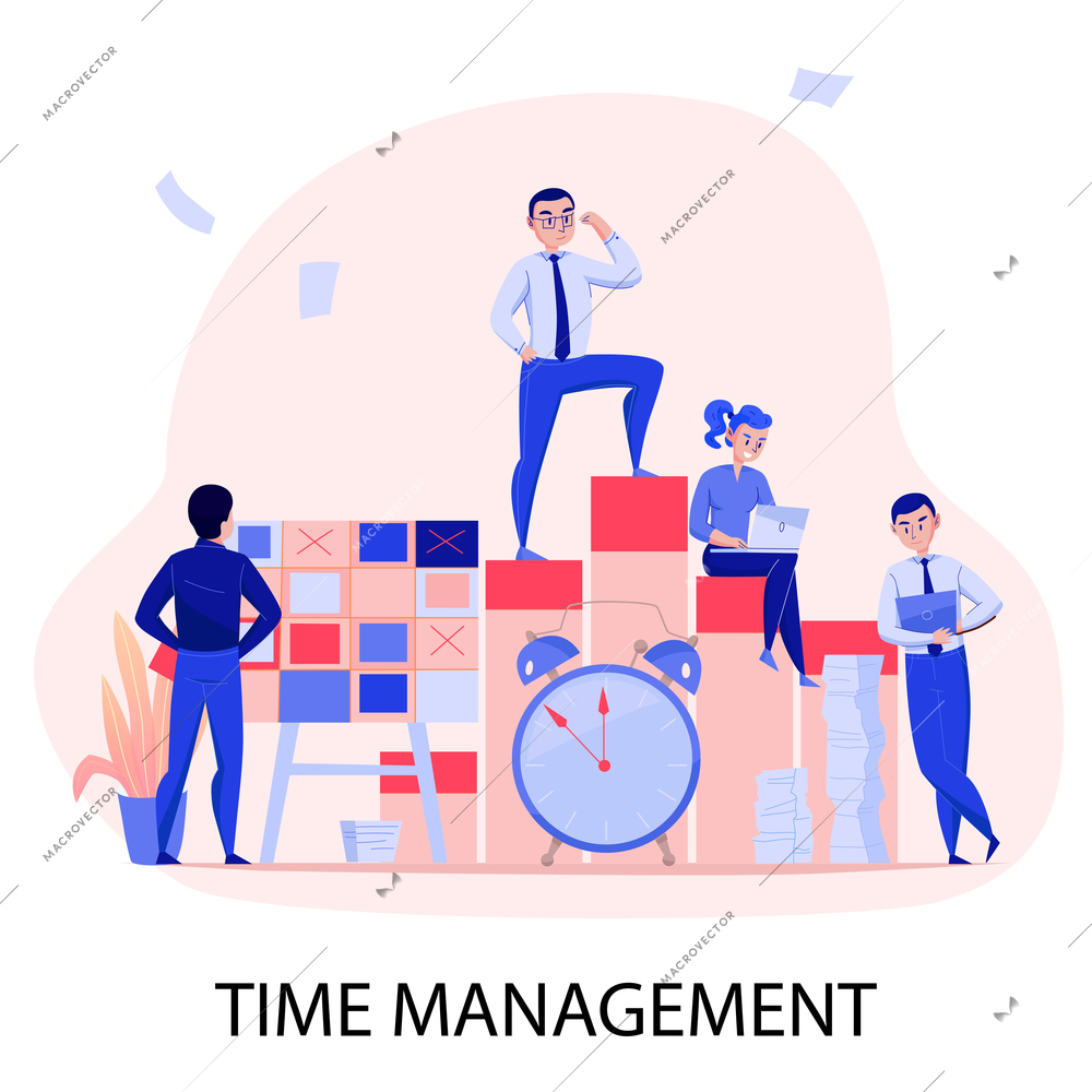 Time management successful teamwork deadline stress overcoming with task planning control alarm clock flat composition vector illustration