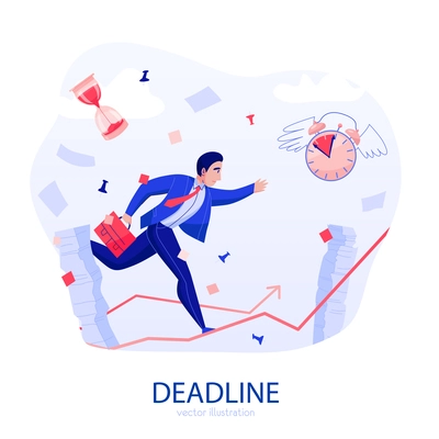 Time management deadline stress flat composition with businessman rushing along rising arrow amidst flying papers vector illustration