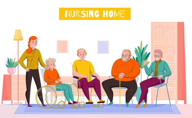 Nursing home day room flat horizontal composition with personnel assisting elderly residents in shared lounge vector illustration