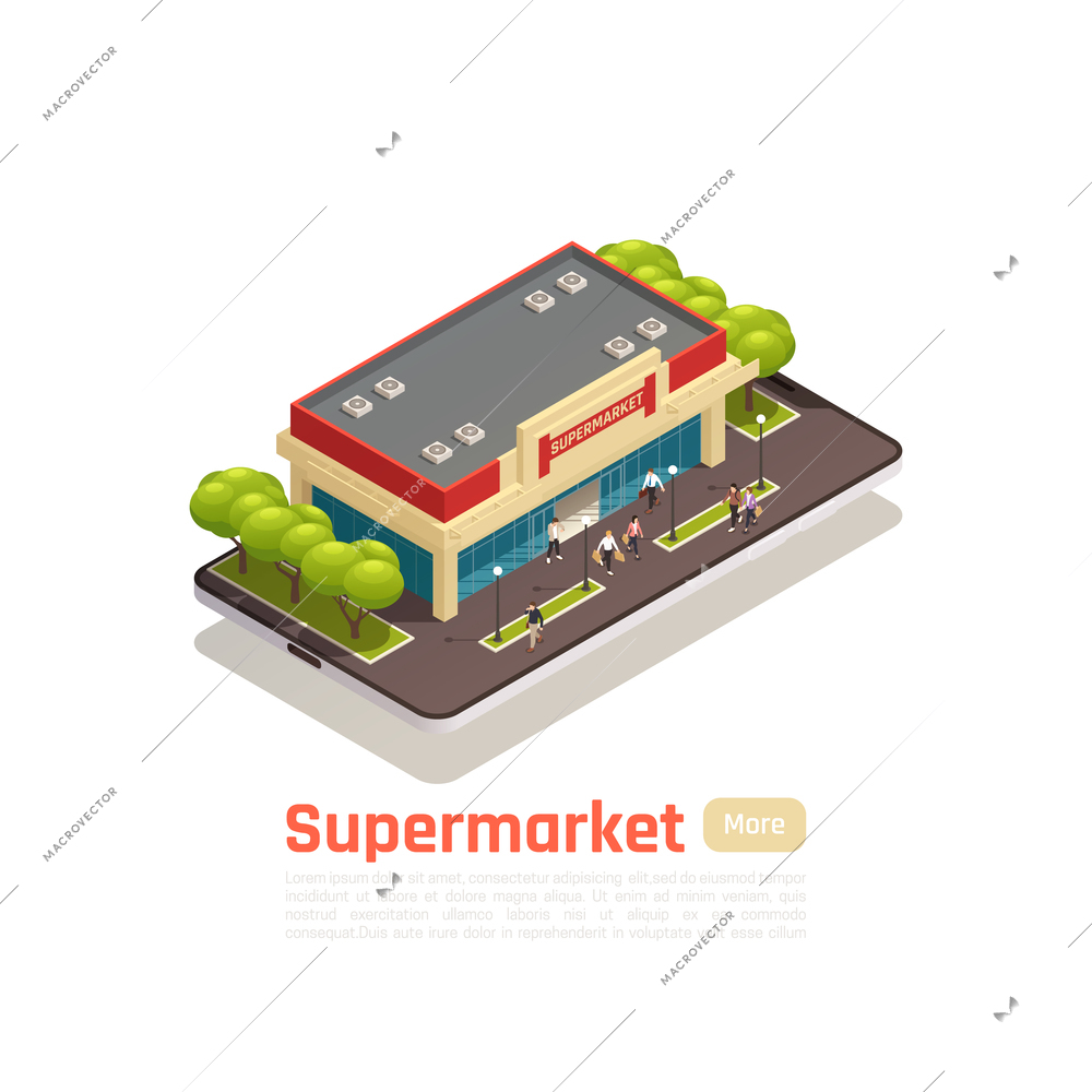 Store mall shopping center isometric banner with supermarket building and button more vector illustration
