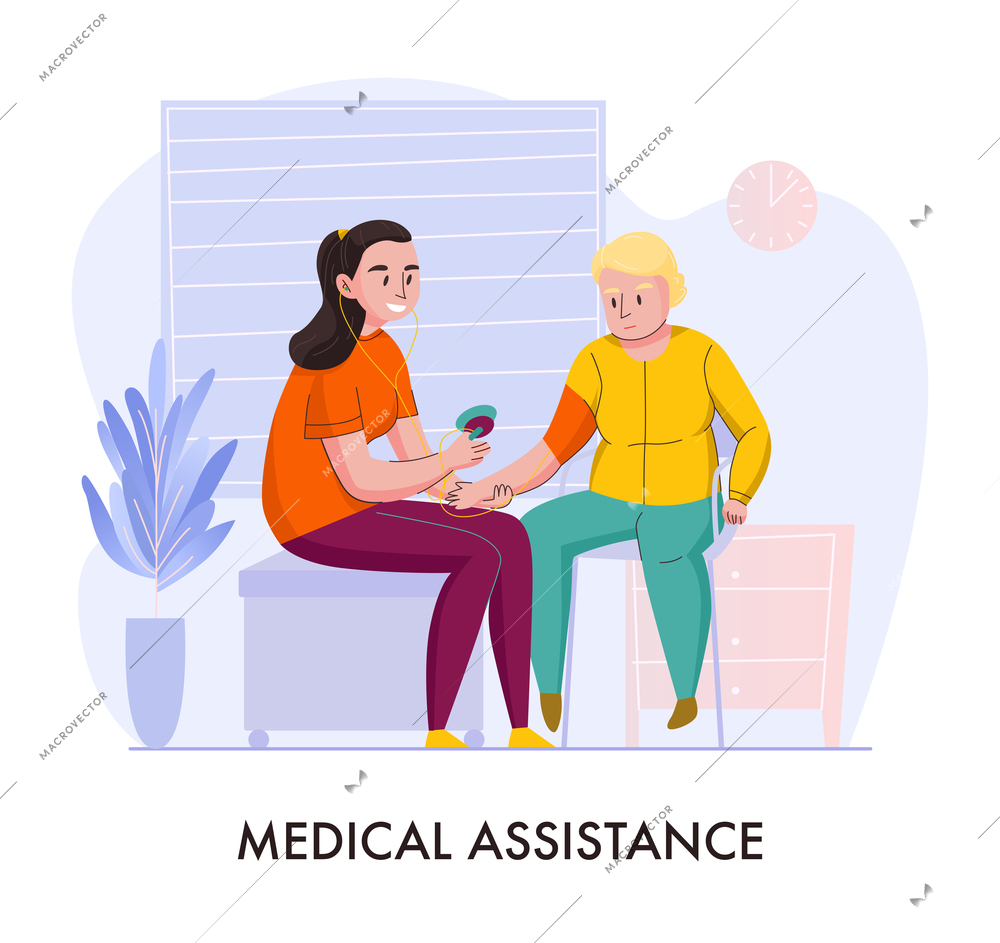 Nursery home medical assistance volunteer help flat composition with smiling young lady feeding elderly person vector illustration