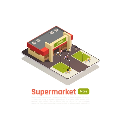 Shopping center store mall isometric composition with top view building and lawn vector illustration