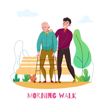 Nursery home daily elderly assistance flat composition with disabled old man morning walk with volunteer vector illustration