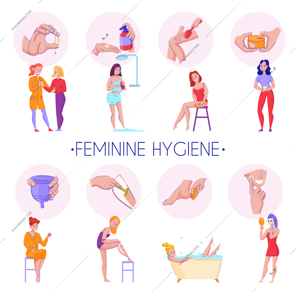 Feminine hygiene products procedures flat informative compositions set with skin massage reproductive organs health care vector illustration