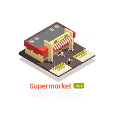 Isometric store mall shopping center concept isolated square piece of earth with store building vector illustration