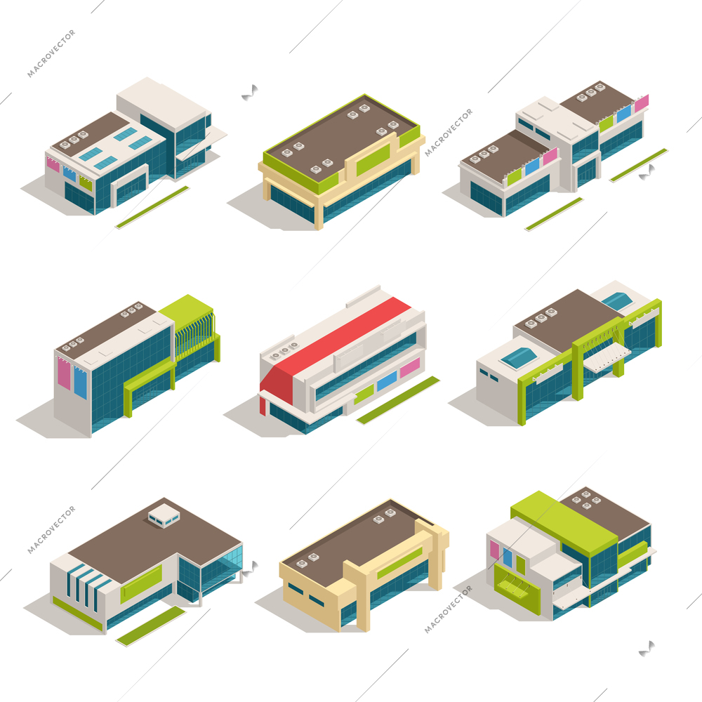 Nine isolated store mall shopping center isometric buildings icon set top view vector illustration