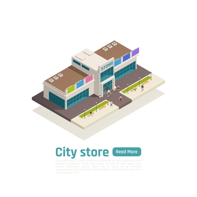 Isometric store mall shopping center composition with green button and big isolated shopping mall vector illustration