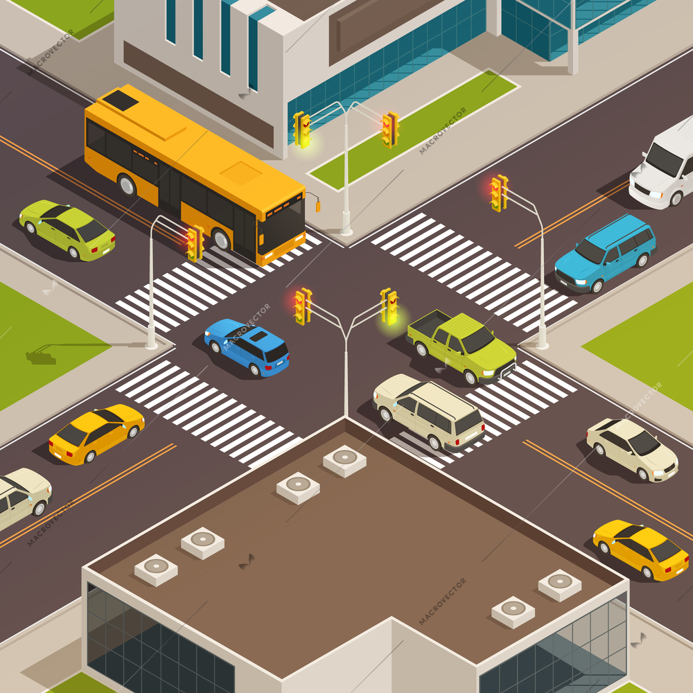 Colored and isolated city isometric composition with road and crosswalk at the city center vector illustration