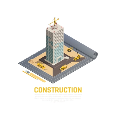 Colored and isometric construction banner with 3d plan of construction of building vector illustration