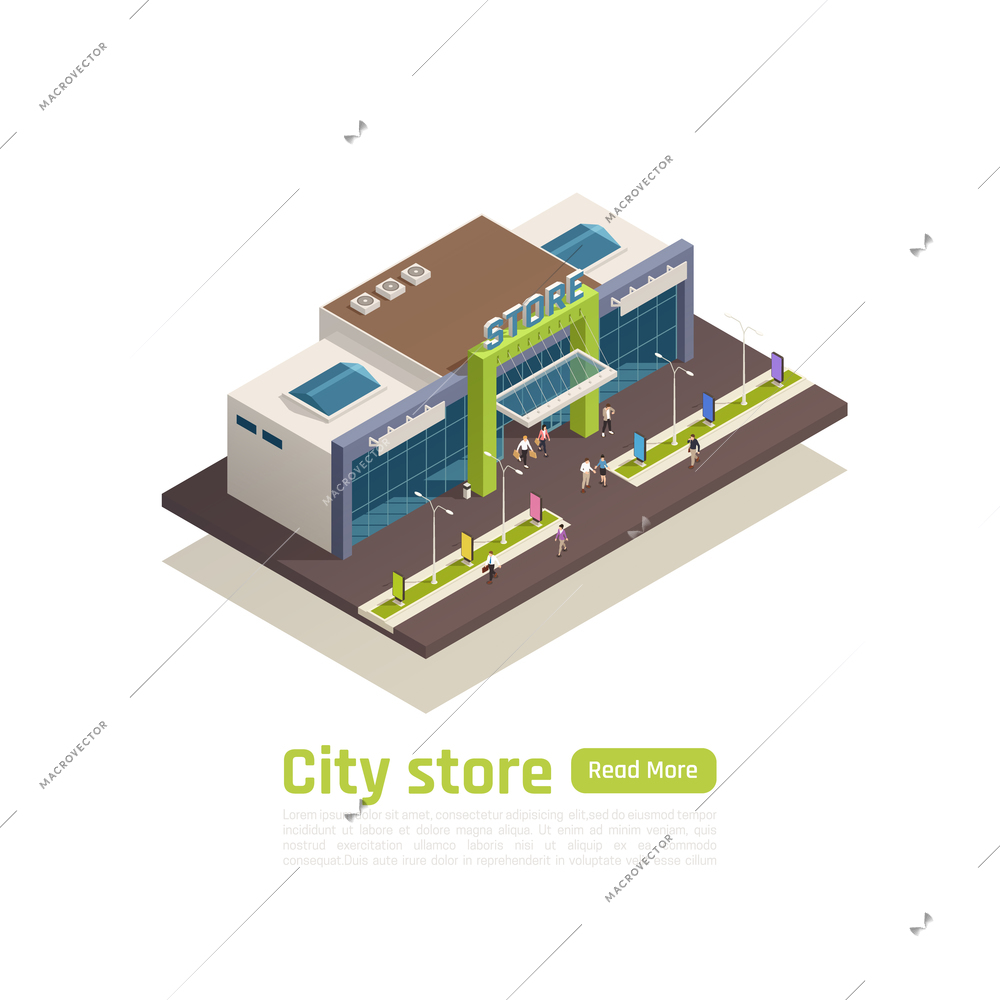 Store mall shopping center isometric composition with city store headline and green read more button vector illustration