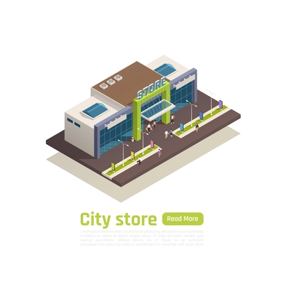 Store mall shopping center isometric composition with city store headline and green read more button vector illustration