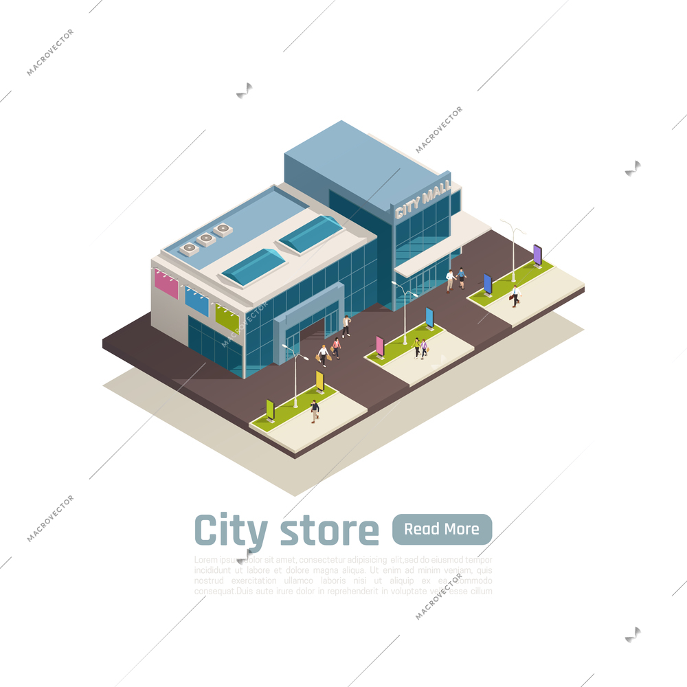 Store mall shopping center isometric composition with top view building and lawn vector illustration