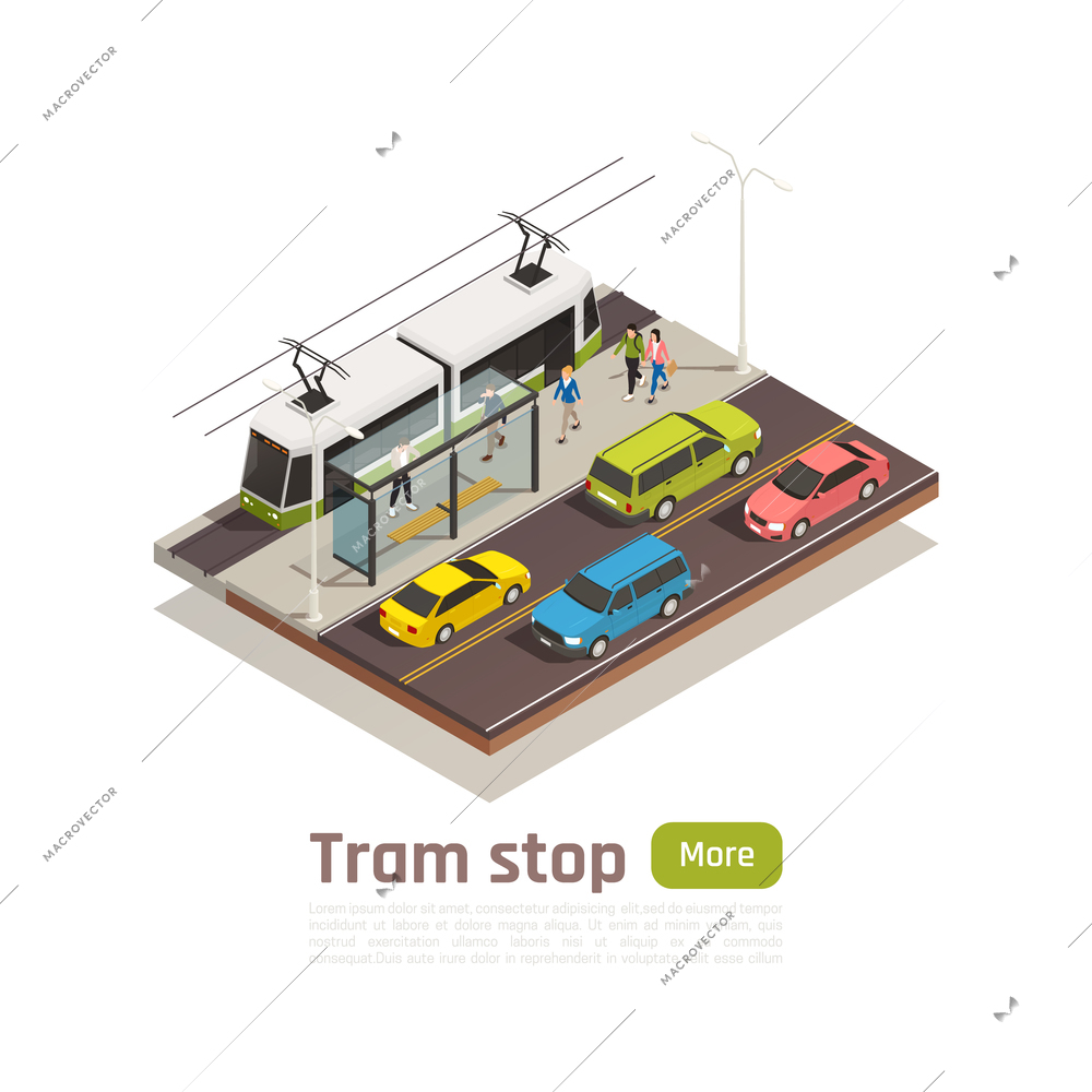 Isometric and colored city composition with tram station and big green button vector illustration