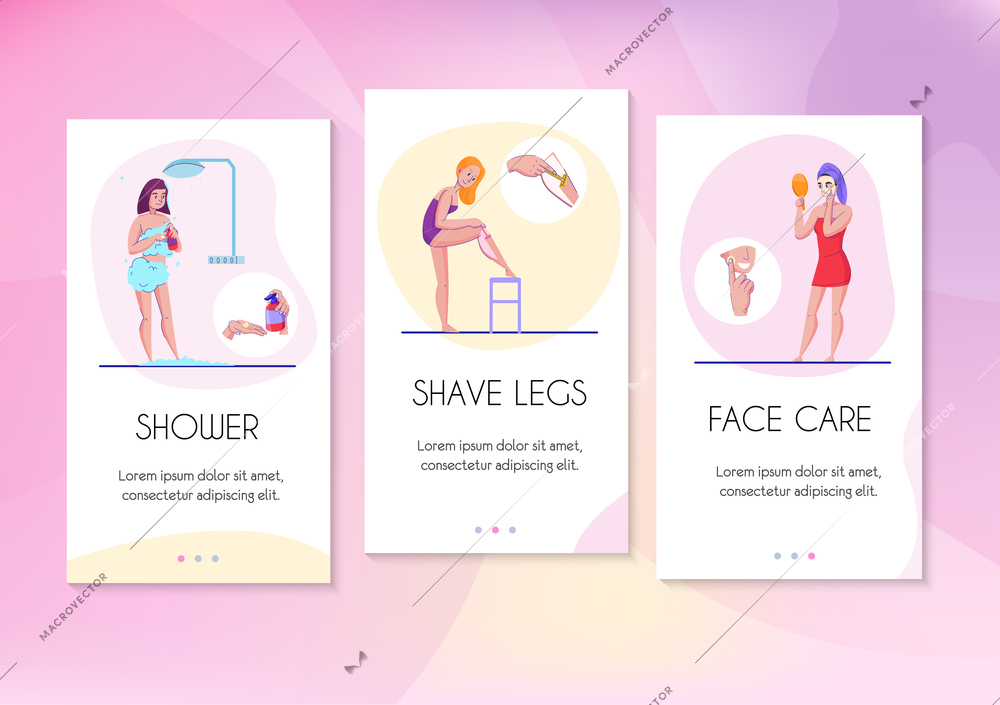 Feminine hygiene info cards flat banners set with face care legs shaving and shower tips vector illustration